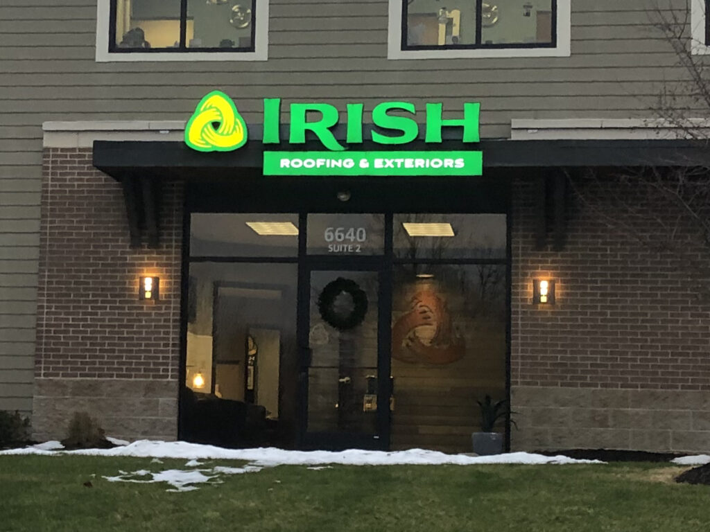 Channel Letters Irish Roofing, Lit Up - January 2020