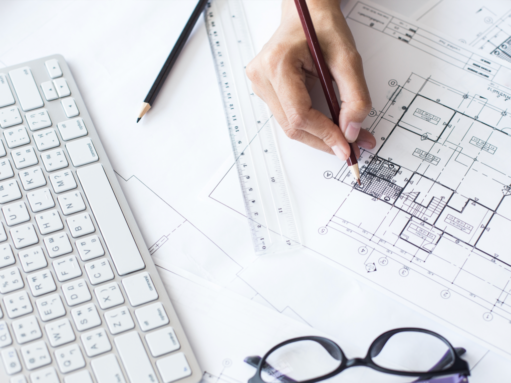 Design & Project Management - pen, sketches, keyboard, glasses