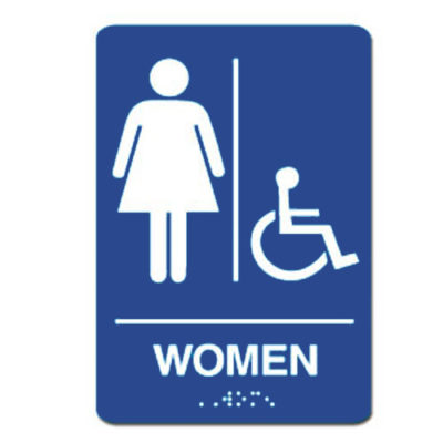 Women Accessible ADA Restroom Sign - White on Blue